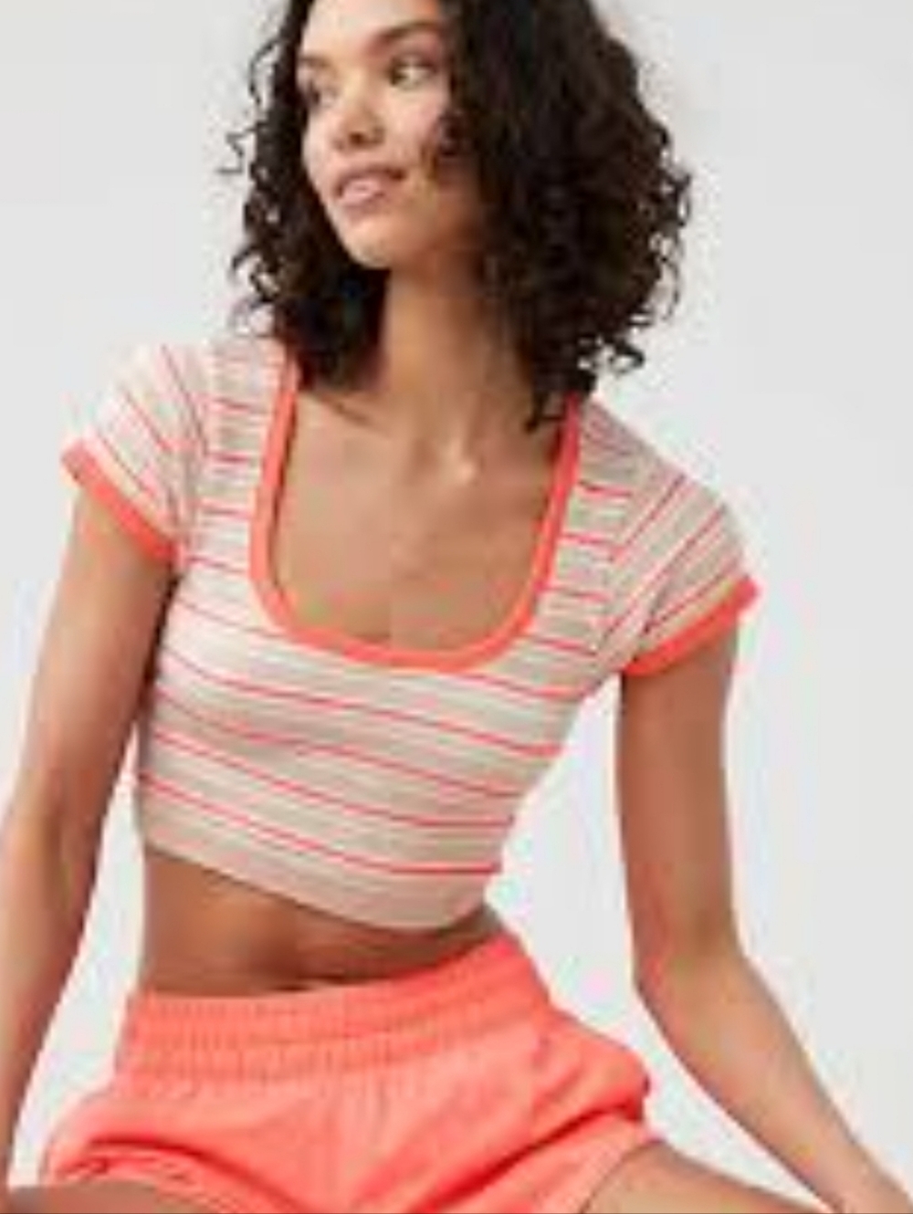 Aerie Offline Striped Short Sleeve Ribbed Baby Tee with Orange and Cream Stripes